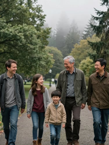 Candid medium shot of a family walking through a misty, overcast park in Seattle, laughing together, natural Pacific Northwest daylight, soft focus green trees in background