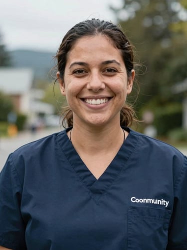Environmental portrait of a local community health worker smiling warmly in an overcast outdoor setting in Tacoma, soft natural daylight, respectful eye-level framing.