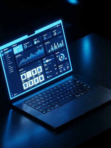Sleek dark-mode tech photography of an isometric 3D laptop mockup displaying a modern e-commerce dashboard, glowing electric blue neon backlighting, high-contrast obsidian background, sharp macro focus.