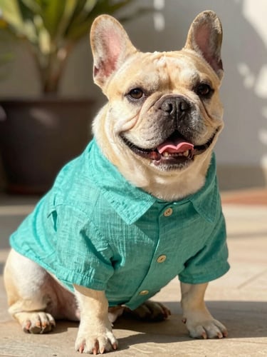 Perro pug con camisa turquesa