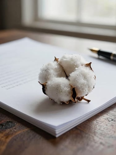 Macro crop of a heavy cotton paper document on a dark wood table, a fountain pen resting on the margin, diffused architectural light from a high window