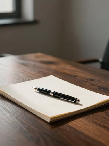 A minimalist, sunlit boardroom corner with a heavy dark oak table, a single fountain pen resting on cream paper stock, diffused architectural light.