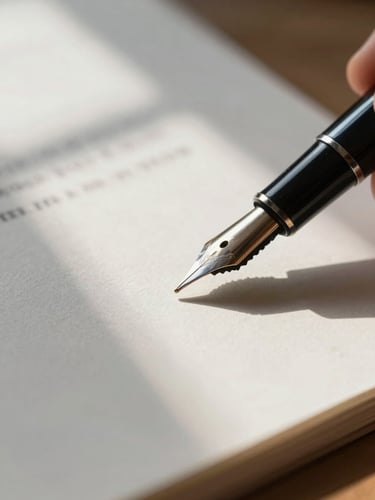 Macro close-up of a heavy cotton paper document with a fountain pen resting on it, soft diffused natural daylight from a high window, architectural shadows.
