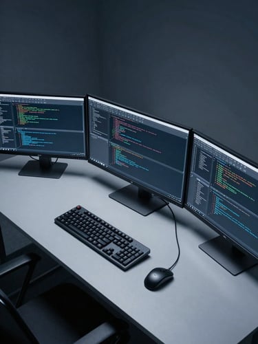Wide-angle overhead view of a large technical workstation, three monitors displaying code and system architecture diagrams, keyboards and input devices in sharp focus, controlled studio lighting, no human subjects, monochromatic blue-grey tone