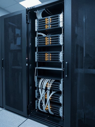 Wide shot of a server rack room with organized cable management and blinking indicator lights, monochromatic blue-grey tones, controlled overhead lighting, no people, precise technical environment