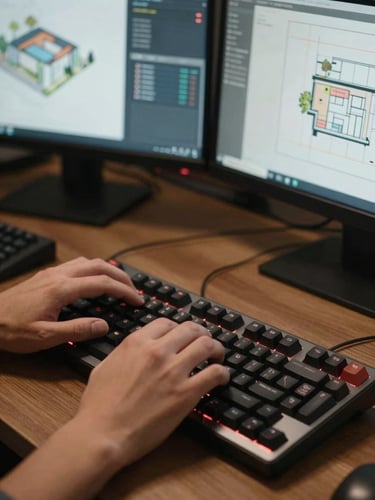 Close-up overhead of a developer's hands on a mechanical keyboard, multiple monitors in background displaying architecture diagrams and data schemas, controlled studio lighting, no warm tones, precise and technical atmosphere