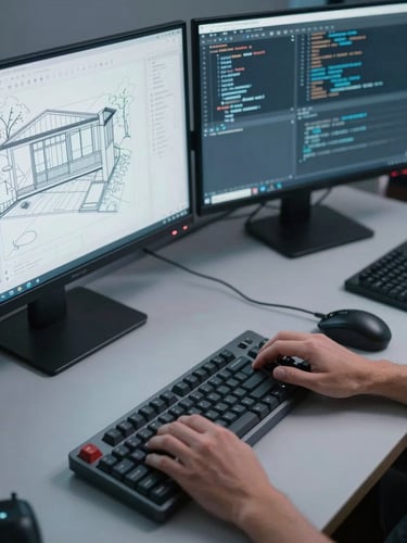 Close overhead view of a developer's hands on a mechanical keyboard, multiple monitors displaying architecture diagrams and code in a controlled studio-lit technical workspace, monochromatic blue-grey tones, sharp focus on the screens and input devices