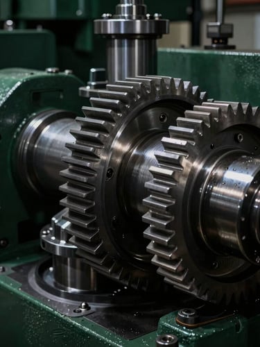 Close-up portrait shot of a complex industrial gear assembly, precision steel components, high-contrast dramatic lighting, cool metallic highlights, sharp focus.
