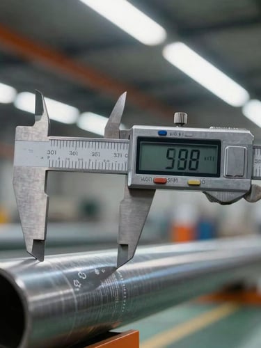 Macro detail shot of digital caliper measuring raw steel pipe on a factory floor, sharp fluorescent lighting, high-contrast industrial documentary style, 35mm