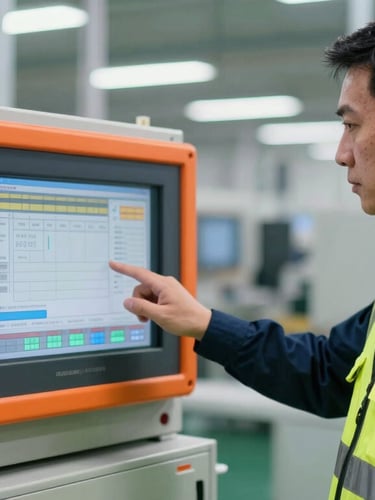 High-contrast industrial documentary photo of an inspector in a high-visibility vest checking a digital control screen on a factory floor, safety orange details, 35mm