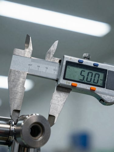 Macro detail shot of industrial digital caliper measuring a machined steel component on a factory floor, sharp fluorescent lighting, 35mm