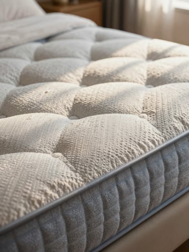 Close-up of premium mattress fabric textures, deep tufting, elegant stitching, bathed in warm diffused morning sunlight, luxury bedroom setting, 35mm