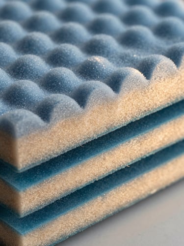 Cross-section of multi-layered technical foam showing precise blue and teal ventilation channels, architectural studio lighting, macro texture, 35mm