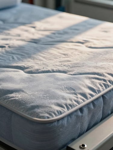 Macro shot of premium mattress fabric being precisely tailored on an industrial manufacturing table, warm morning light, shallow depth of field, 35mm