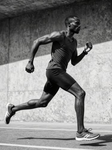 Low-angle heroic wide shot of a Ghanaian athlete in intense motion against a stark concrete backdrop, high-contrast black and white, hard direct sunlight.