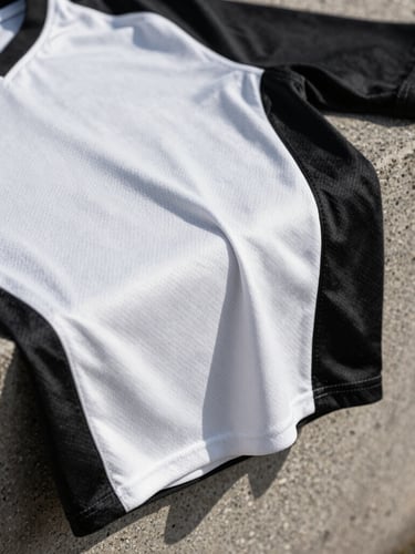 Close-up black and white texture of a heavy cotton athletic jersey draped over a concrete block, direct high-contrast sunlight