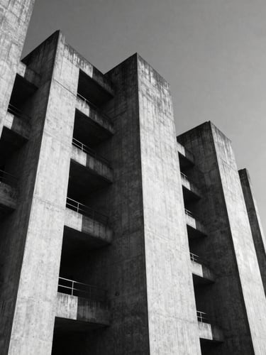 High-contrast black and white low-angle shot of brutalist concrete architecture in Accra, sharp midday shadows, towering structural lines against a stark sky.