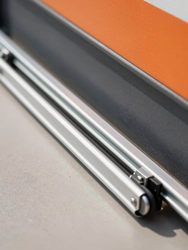 Close-up of a newly installed modern aluminum garage door track and pristine heavy-duty steel rollers, clean industrial lines, bright daylight.