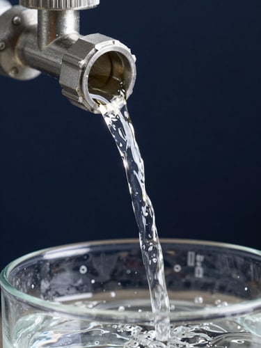Crisp macro shot of crystal-clear water flowing from a high-pressure industrial outlet into a testing vessel, bright clean technical lighting, deep navy background.