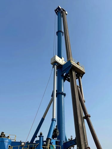 Low-angle heroic shot of a massive blue hydraulic drilling rig mast raised against a clear blue Bahia sky, clean steel joints, industrial precision
