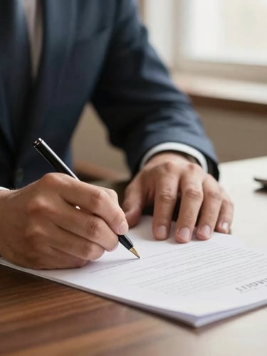 Close-up of a legal professional's hands signing a document on a dark wood desk, soft window light, shallow depth of field, warm editorial photography.