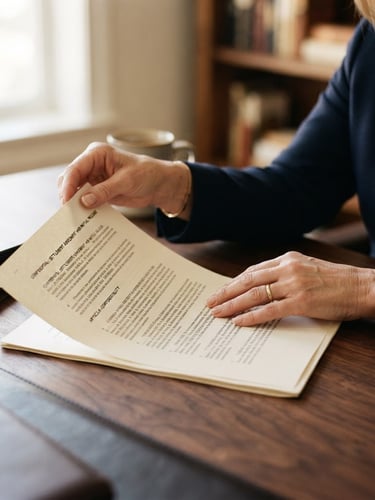 Close-up of a legal professional's hands discreetly reviewing a confidential document on a dark wood desk, soft window light, shallow depth of field, warm editorial photography.