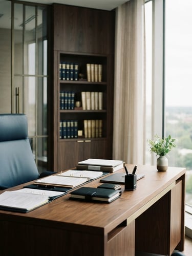 Interior de um escritório de advocacia moderno e elegante, com luz natural suave vindo de uma grande janela à direita, mesa de madeira escura com documentos organizados, cadeira de couro, ambiente calmo e profissional, foco na luz e nos detalhes arquitetônicos.