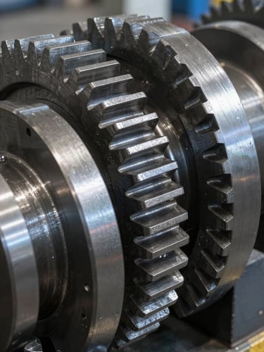 Sharp industrial photography of heavy-duty steel gears and precision hardware components, high-contrast metallic textures, cool daylight reflections, 50mm.