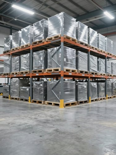 Wide shot of an organized industrial warehouse with high racking, clean concrete floors, bright high-contrast warehouse lighting, metallic steel tones.