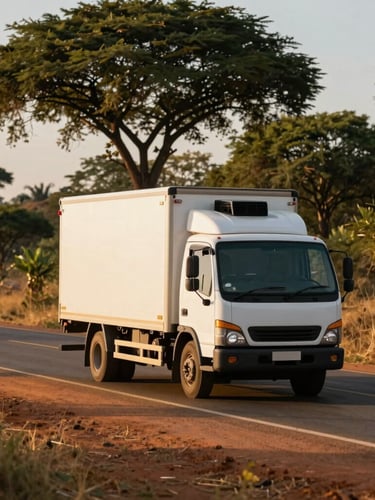 A modern white refrigerated transport truck driving on a paved highway through the Mozambican savanna, warm golden hour sunlight casting long shadows, deep green trees in the background, 35mm editorial photography.
