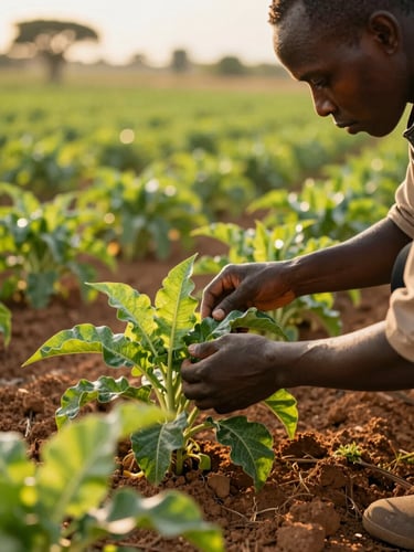 Close-up of a technical expert inspecting fresh crops in a Mozambican agricultural field, bright warm golden-hour sunlight, rich green and clay-earth tones, 35mm