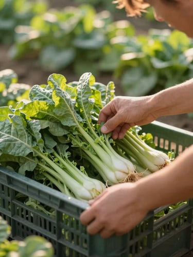Technical expert in a field of green crops inspecting fresh produce in a clean distribution crate, bright natural golden-hour sunlight, warm editorial style, close-up, 35mm