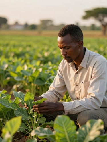 Technical agricultural expert in a light shirt examining fresh green crops in a vibrant Mozambican field, warm golden-hour light