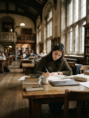 Wide environmental shot of a student in deep concentration at a wooden desk, soft natural light streaming through high windows, documentary film photography style, deep muted earth tones, 35mm lens.