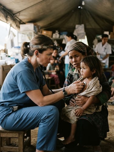 A documentary film photograph of a medical professional in a field clinic, natural high-contrast daylight, deep muted earth tones, 35mm lens, authentic editorial style.