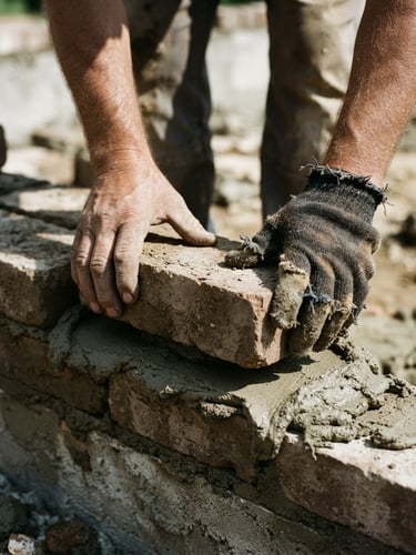 Close-up of hands laying heavy structural bricks on a foundation, documentary film photography style, natural high-contrast daylight, deep muted earth tones, 35mm lens.