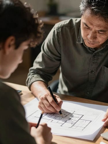 A close-up of a mentor guiding a young professional over architectural drawings, natural high-contrast daylight, deep shadows, authentic editorial style, 35mm lens.