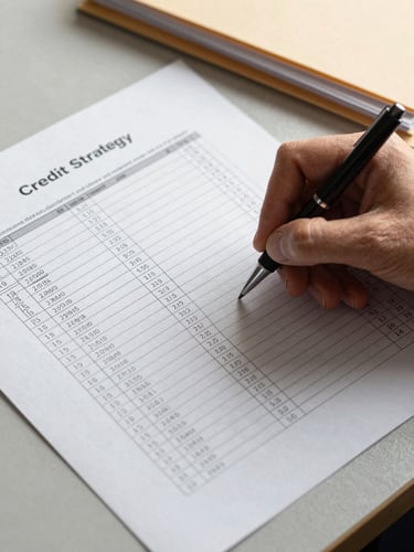 Close overhead composition of a printed credit strategy document on a clean desk under warm task lighting, a hand holding a fine-point pen annotating a row in a highlighted data table, physical file folders visible at the upper edge of the frame
