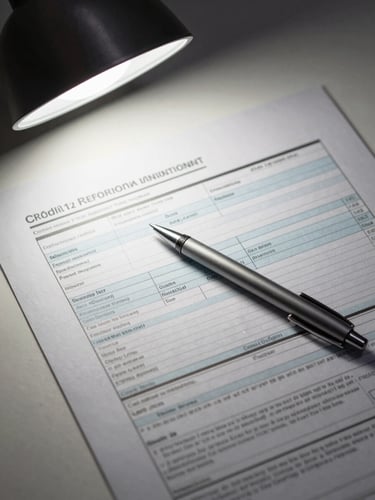 Close-up overhead composition on a clean desk: a printed credit report with highlighted rows and a ballpoint pen resting across it, task lamp casting sharp directional light from the upper left, white paper filling the frame edge to edge, no faces or hands visible