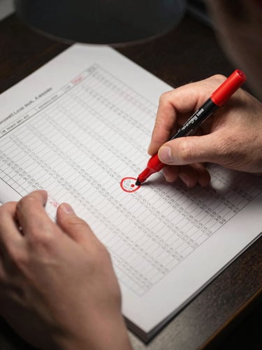 Close-up overhead composition of hands annotating a printed spreadsheet with columns of account data under a focused desk lamp, a red marker circling a flagged entry, dark desk surface visible at the edges