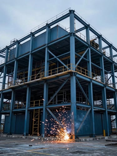 Wide-angle shot of a massive industrial steel container framework under construction inside a dimly lit manufacturing plant, cold metallic blue tones, bright orange welding sparks flying in the foreground.