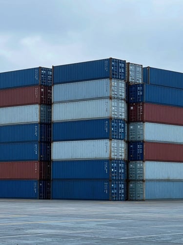 Wide-angle industrial editorial photography of massive container stacks at a deep-water port, cold metallic blue tones, overcast daylight, dramatic scale