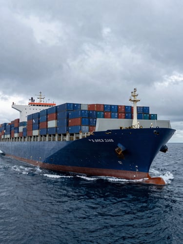 Wide-angle shot of a massive container ship loaded with blue and red ISO containers cutting through deep ocean water, dramatic overcast daylight, cold metallic reflections.