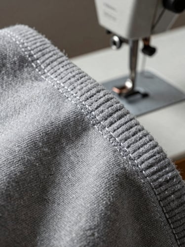 Macro close-up of clean flatlock stitching on a heavy ribbed grey cotton sleeve, sharp directional studio lighting, industrial sewing machine needle visible in background.