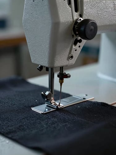 Industrial sewing machine needle mid-stitch on dark heavy canvas, cool-toned industrial daylight, sharp focus