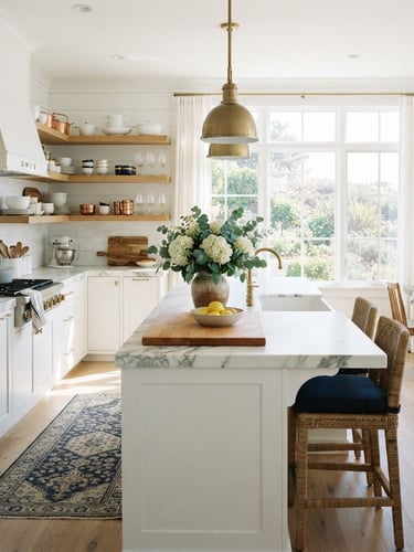 Bright, sun-drenched, immaculate residential kitchen with marble countertops and fresh flowers, wide shot, natural light streaming through a large window, crisp white and warm wood tones, 35mm.