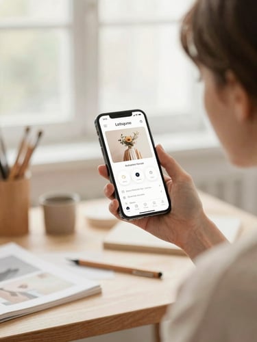 A focused woman in a bright, daylight-filled creative studio, holding a smartphone showing an elegant app interface, warm tones, soft focus background, 35mm lens