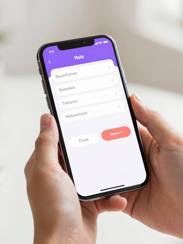 Close-up of hands holding a modern smartphone in a bright studio, showing a clean mobile app dashboard with purple and coral accents, soft focus background