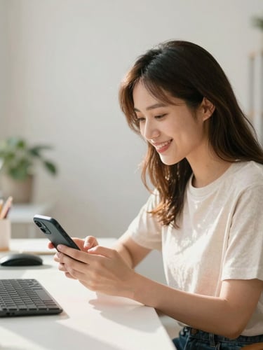 A focused female creator sitting in a bright sunlit studio, typing on her phone with a warm smile, modern workspace, soft focus background
