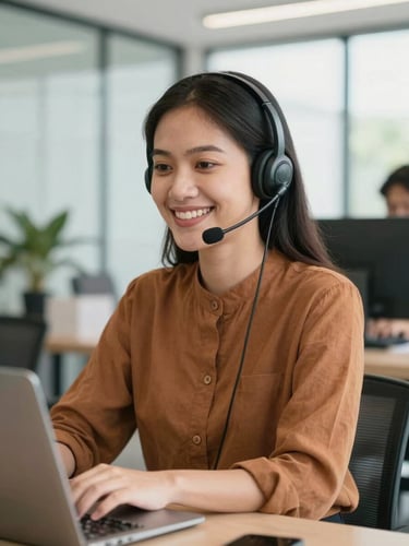 A friendly Indonesian female customer service agent wearing a headset, smiling warmly, bright natural daylight, modern minimalist office background, shallow depth of field, 35mm